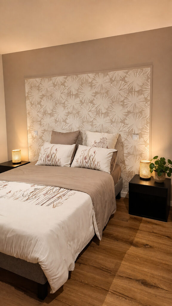 Aménagement d'une chambre à coucher parentale avec tête de lit décorative en papier peint motifs floraux et chevets noirs conçu par DV Archi Design en Vendée.