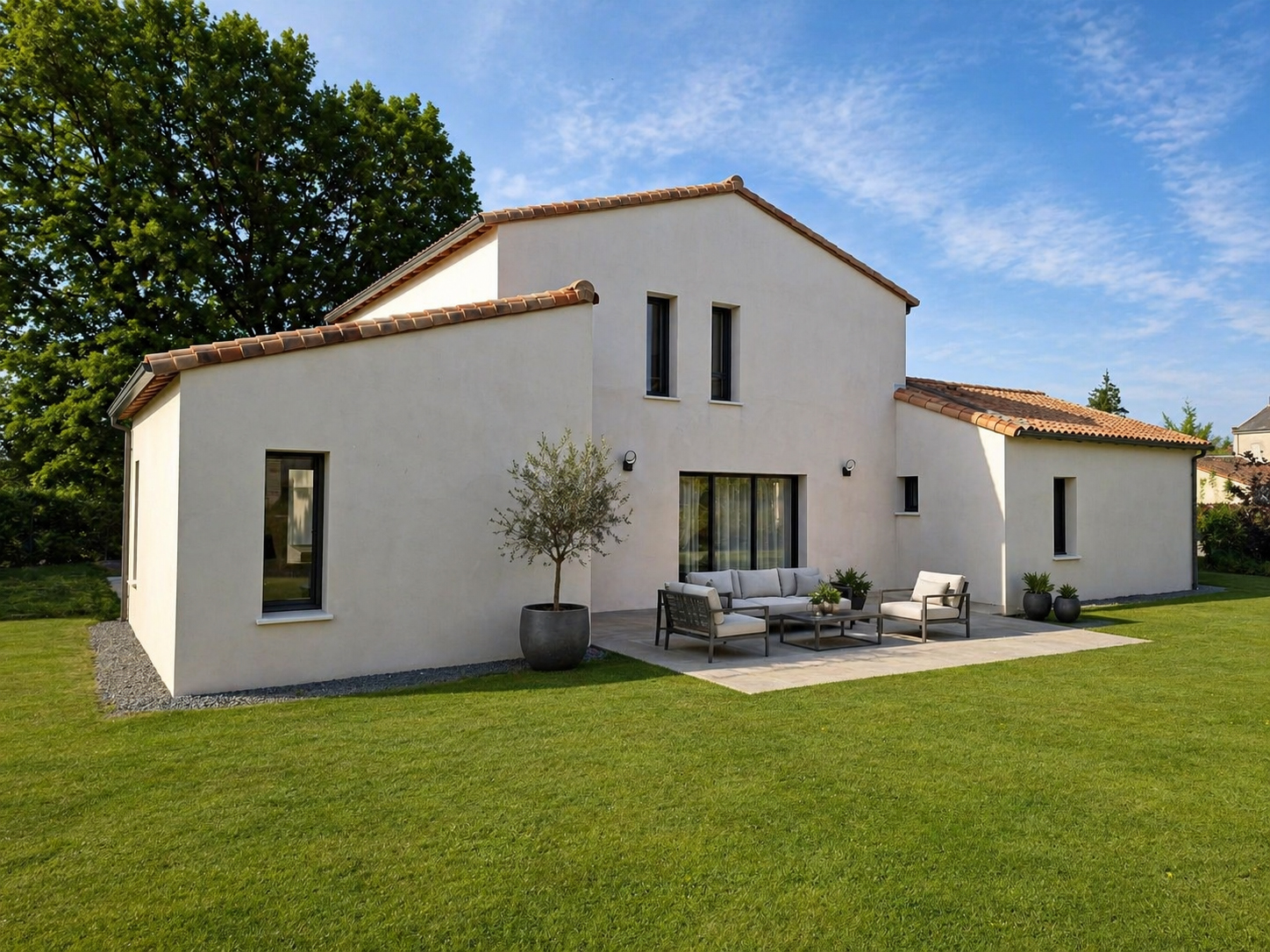 Construction d'une maison individuelle moderne à étage avec toiture en tuiles, terrasse dallée et grand jardin réalisée par DV Archi Design en Vendée.