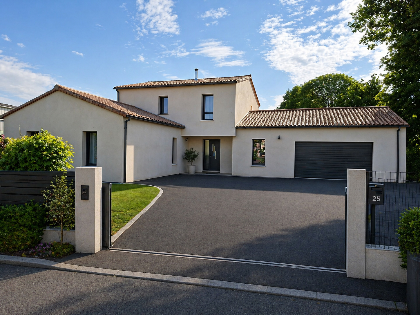 Construction d'une grande maison contemporaine avec garage, toiture en tuiles et cour bitumée réalisée par DV Archi Design en Vendée.