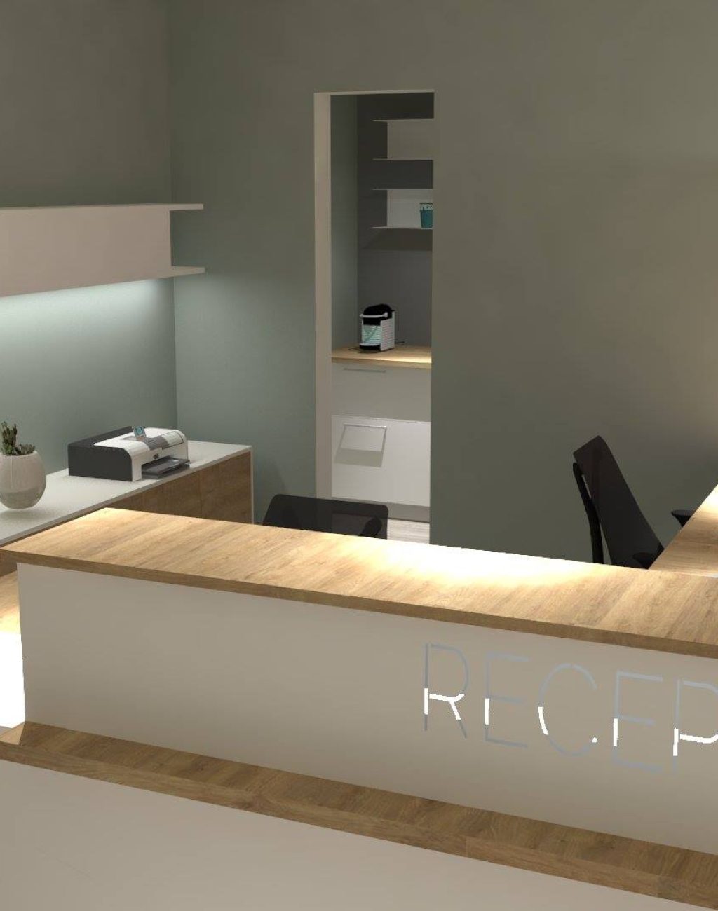 endu 3D d'une banque d'accueil design avec finitions bois et lettrage lumineux, création de bureaux professionnels par DV Archi Design en Vendée.